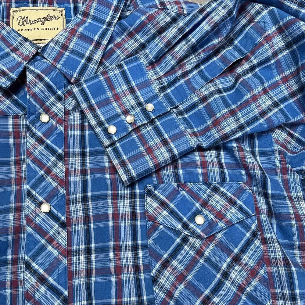 Wrangler Shirt Men's 3XL Western Cowboy Rancher Pearl Snap Plaid Blue Red Rodeo - Picture 4 of 7